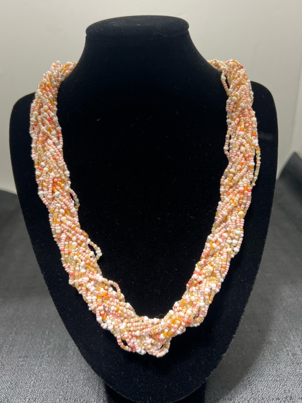 Pink Coral Bohemian Braided Multistrand Seed Bead Silver Tone Necklace
